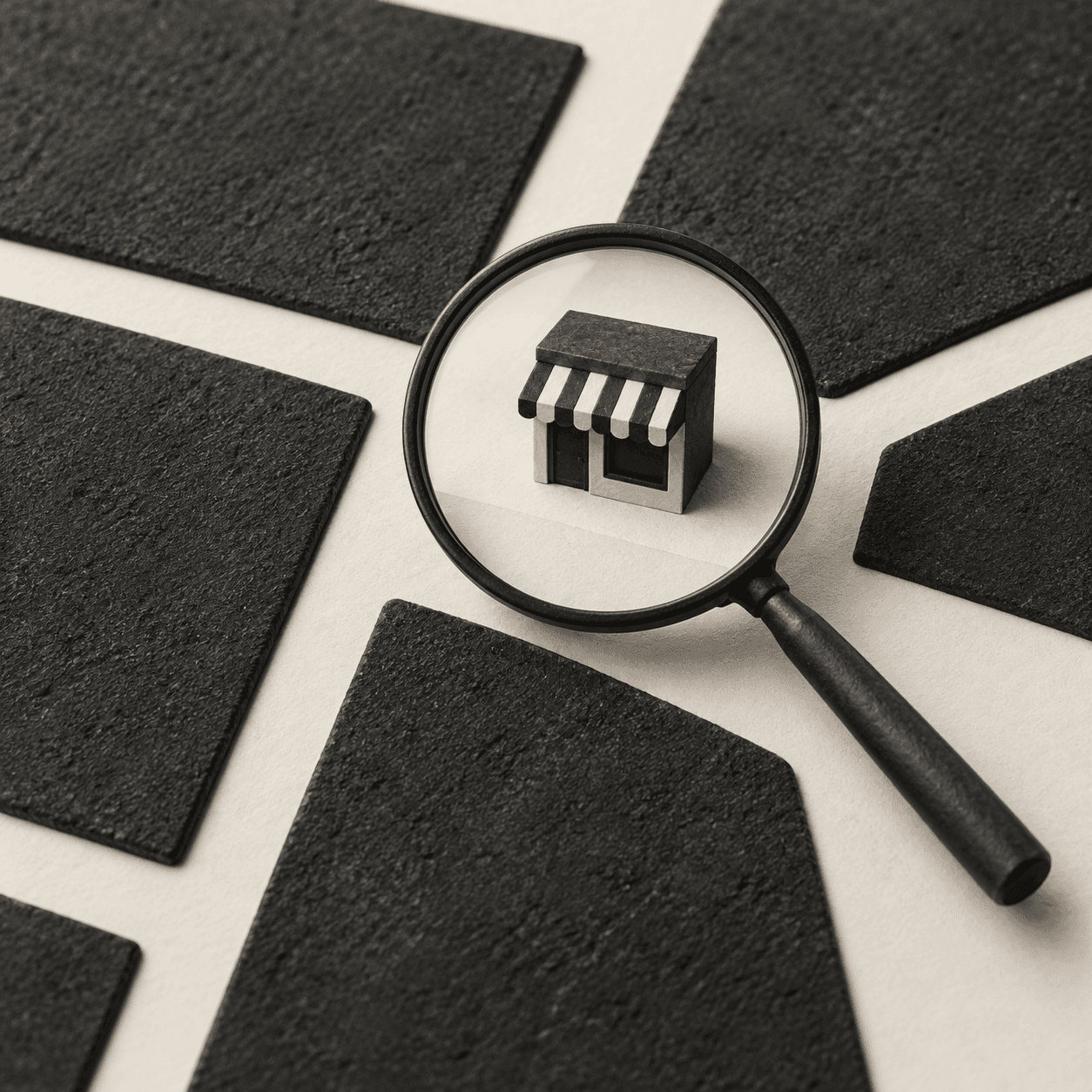 A magnifying glass focusing on a miniature storefront among black tiles