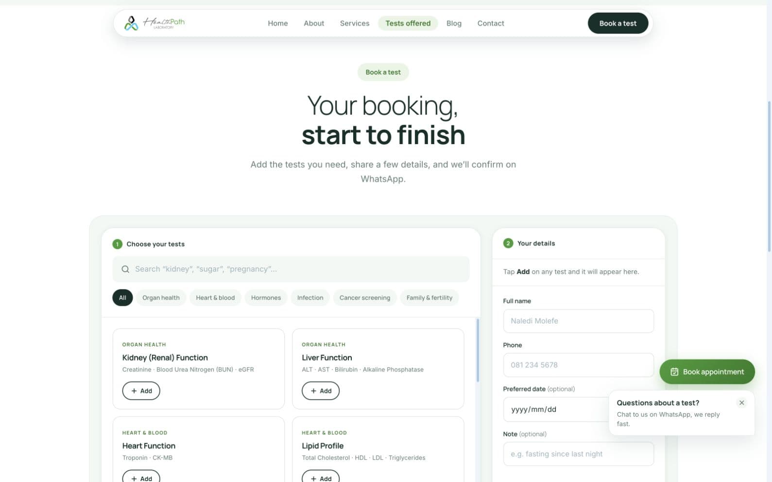 Test selection and booking