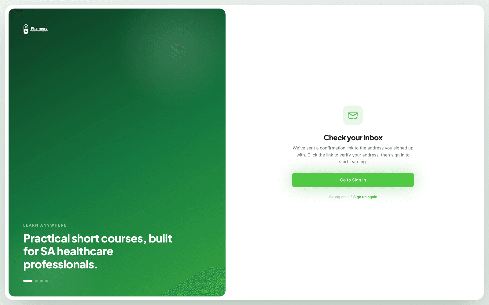Pharmers Academy transactional email confirmation screen