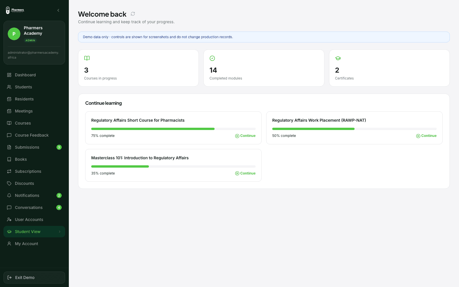 Pharmers Academy student learning dashboard