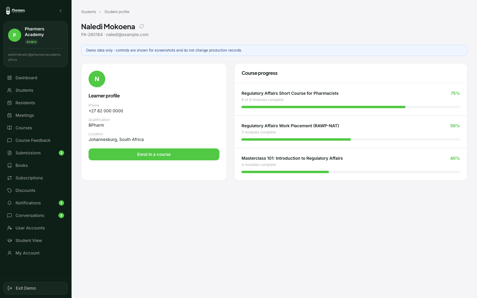 Pharmers Academy learner progress profile
