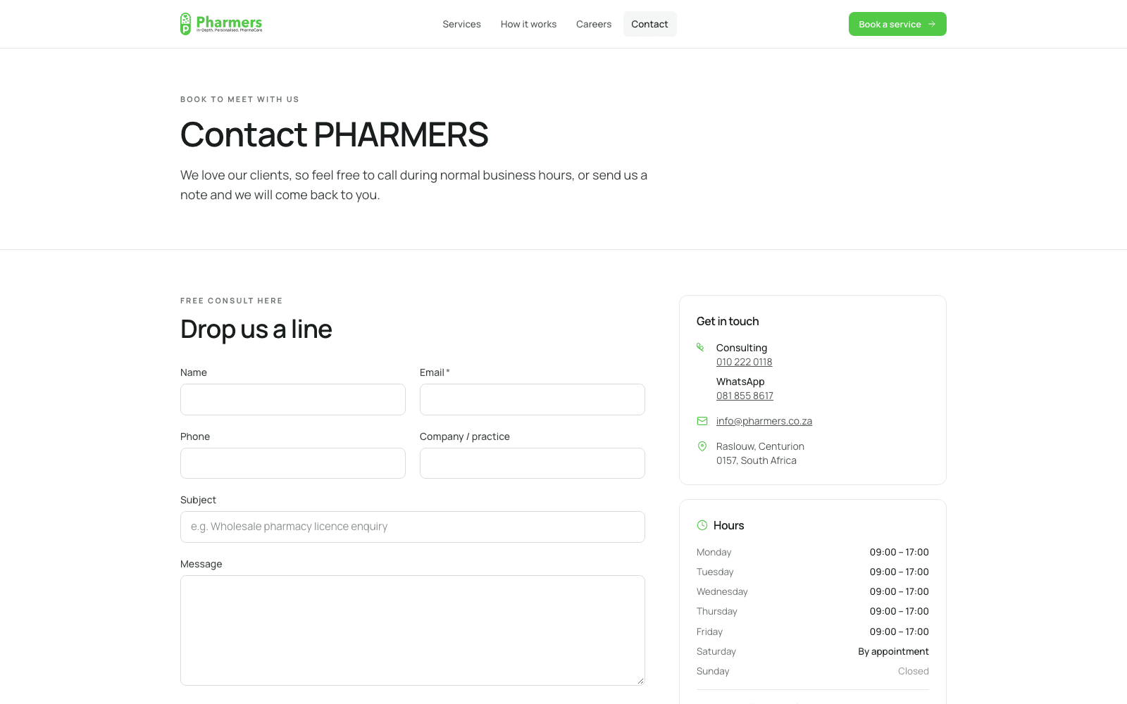 Pharmers Consulting contact and enquiry screen