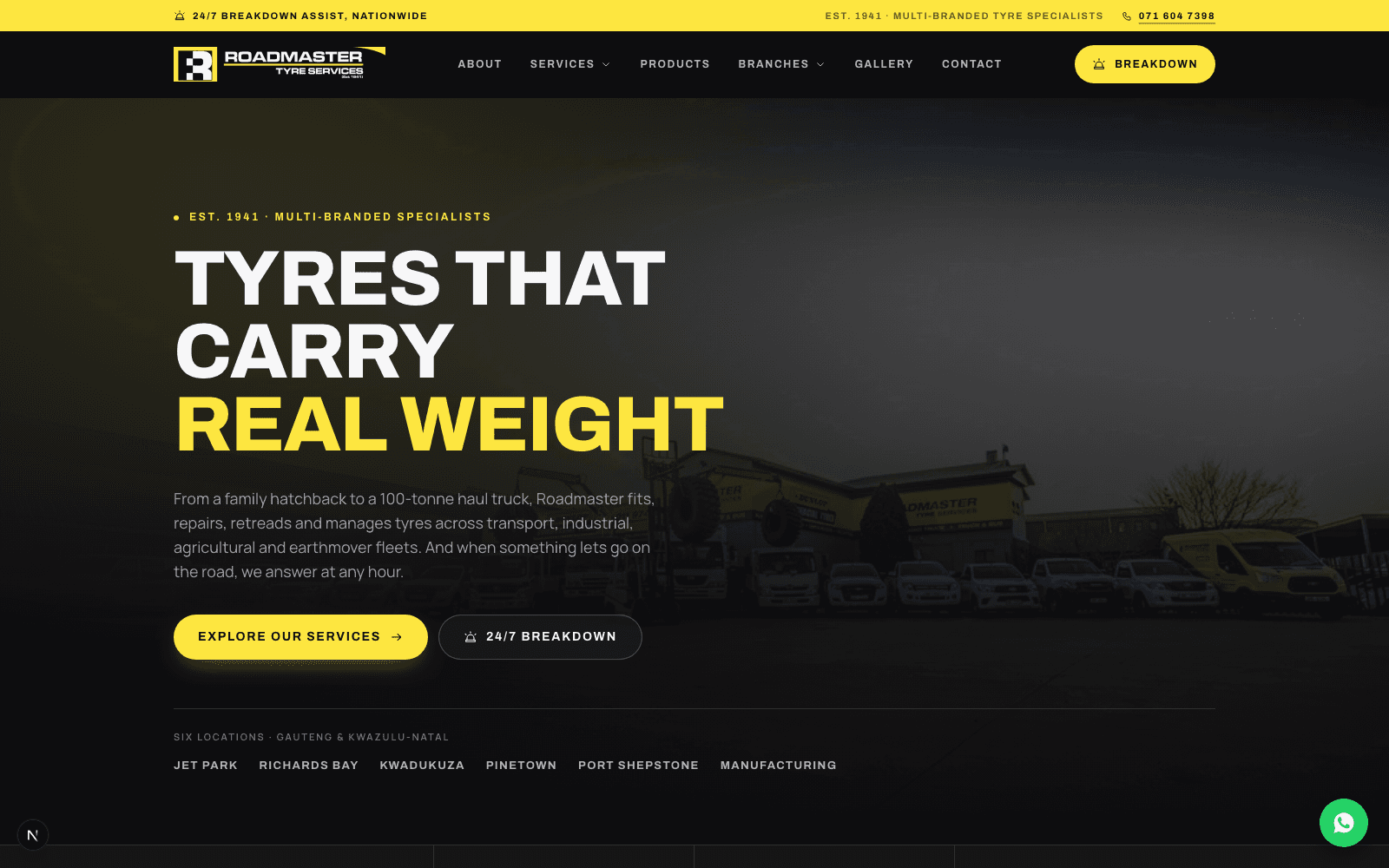 Roadmaster Tyre Services complete desktop homepage